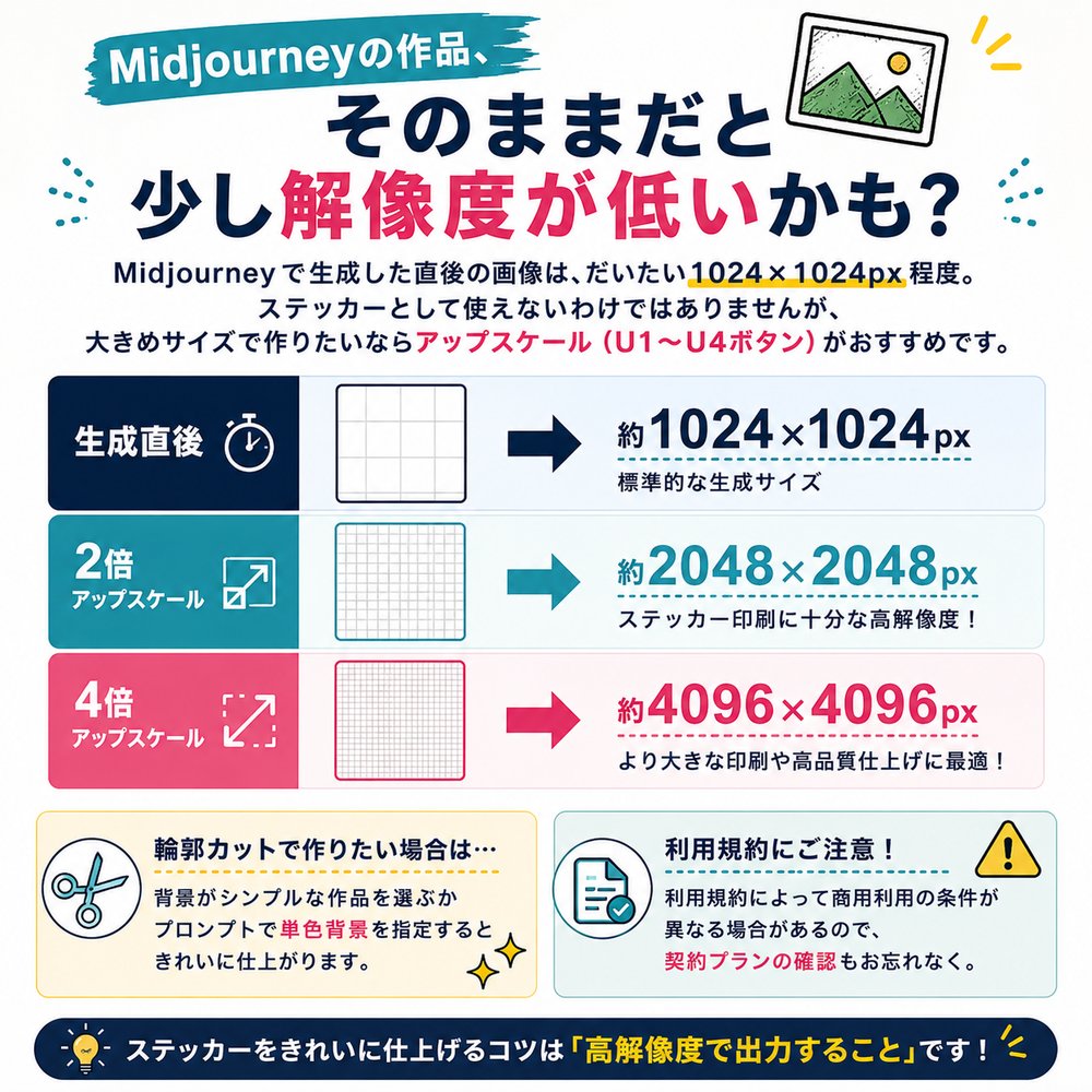 Midjourney画像の生成直後・2倍アップスケール・4倍アップスケール後の解像度比較（約1024×1024px→約2048×2048px→約4096×4096px）