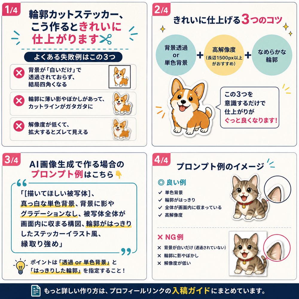 輪郭カットステッカーをきれいに仕上げる4つのポイント：よくある失敗例・仕上げるコツ・プロンプト例・良い例とNG例