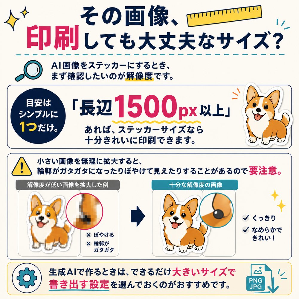 ステッカー印刷に適した画像解像度の目安（長辺1500px以上）と、解像度が低い画像を拡大した場合の比較