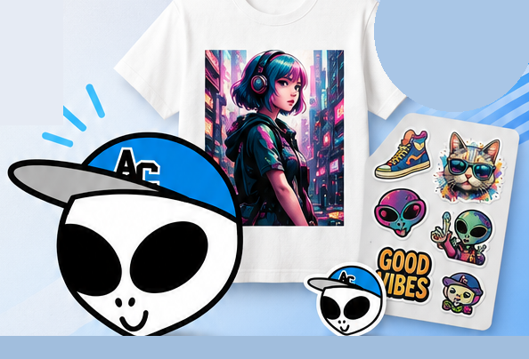 AIprintshop公式キャラクターと、AI画像をプリントしたTシャツ・ステッカーの完成イメージ